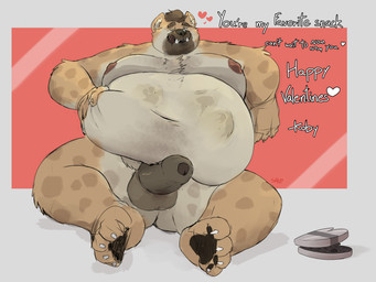 anthro balls belly big_belly big_penis erection fur genitals holidays humanoid_genitalia humanoid_penis licking licking_lips licking_own_lips looking_at_viewer male male_pred moobs nipples nude one_eye_closed overweight overweight_anthro overweight_male penis same_size_vore simple_background smile smirk solo text tongue tongue_out valentine's_day_card vore wink sato_leone valentine's_day gnoll hyena mammal absurd_res digital_media_(artwork) english_text hi_res