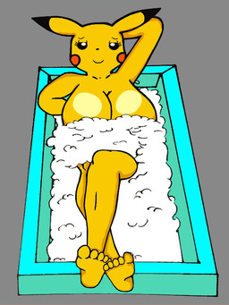 1000_hours_in_ms_paint 5_toes anthro anthrofied bath bathroom bathtub bedroom_eyes big_breasts breasts covering covering_breasts covering_self crossed_legs feet female foam fur half-closed_eyes hindpaw looking_at_viewer narrowed_eyes partially_submerged paws pokemorph seductive simple_background smile soles solo toes water yellow_body yellow_fur pikachu432 nintendo pokemon generation_1_pokemon mammal pikachu pokemon_(species) rodent 3:4 grandfathered_content meme_origin