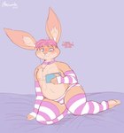 anthro bed blush bulge clothing electronics femboy furniture hair headphones legwear listening_to_music male nipples on_bed panties phone pink_clothing pink_legwear pink_panties pink_underwear simple_background smile solo underwear brownieclop tinval lagomorph leporid mammal rabbit absurd_res digital_media_(artwork) hi_res