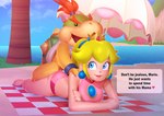 age_difference beach butt female legs_together lying male on_front open_mouth outside plant sea sex shell smile speech_bubble spiked_shell spikes spikes_(anatomy) spread_legs spreading text towel tree umbrella water young young_male makguff mario_bros nintendo bowser_jr. princess_peach human mammal reptile scalie turtle 2025 english_text