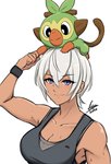 ambiguous_gender blue_eyes breasts carrying_another cleavage clothed clothing duo female fur green_body green_fur hair on_head simple_background size_difference tan_body tan_skin white_background white_hair airisubaka nintendo pokemon generation_8_pokemon grookey human mammal pokemon_(species) 2019 absurd_res hi_res