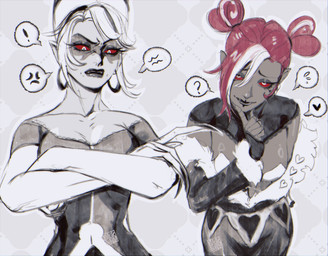 breasts cleavage clothed clothing cross-popping_vein double_bun duo ear_piercing ear_ring exclamation_point female frown grey_body hair hair_bun heart_symbol hoop_ear_ring humanoid_pointy_ears lips mature_female not_furry piercing pointy_ears question_mark red_hair red_sclera ring_piercing simple_background smile speech_bubble teeth topwear twin_buns white_hair blackberreh hazbin_hotel hellaverse carmilla_carmine velvette_(hazbin_hotel) demon demon_humanoid humanoid mammal absurd_res digital_media_(artwork) hi_res