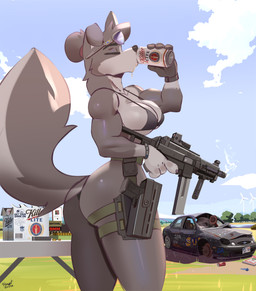 anthro assault_rifle athletic athletic_anthro athletic_female bikini bikini_thong bikini_top black_body black_fur black_nose breasts butt car clothed clothed_anthro clothed_female clothing drinking eyewear eyewear_on_head female fingers fur glasses glasses_on_head gun handgun holster holstered_pistol leg_holster multicolored_body multicolored_fur navel pistol ranged_weapon rifle safety_glasses small_waist solo swimwear text thick_thighs two-piece_swimsuit two_tone_body two_tone_fur ump-45 vehicle weapon white_body white_fur hinget ford ford_taurus miller_brewing_company border_collie canid canine canis collie domestic_dog herding_dog mammal pastoral_dog sheepdog 2026 absurd_res digital_media_(artwork) english_text hi_res