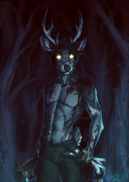 abs anthro antlers axe black_nose blood bodily_fluids clothed clothing forest glowing glowing_eyes hair holding_axe holding_feet holding_object horn looking_at_viewer male night plant scar scars_all_over solo standing topless tree nelly63 richard_(nelly63) deer mammal 2020 absurd_res digital_media_(artwork) hi_res