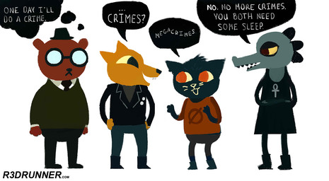 blue_body blue_fur boots bottomwear brown_body brown_fur clothed clothing dialogue eyewear female footwear fur glasses group hat headgear headwear jacket looking_at_another male markings notched_ear on_model open_mouth orange_clothing orange_shirt orange_topwear pants shirt shoes simple_background speech_bubble standing talking_to_another text thought_bubble topwear whisker_markings white_background yellow_body yellow_fur yellow_sclera r3drunner night_in_the_woods angus_delaney bea_santello gregg_lee mae_borowski bear canid canine crocodile crocodilian domestic_cat felid feline felis fox mammal reptile scalie colored digital_drawing_(artwork) digital_media_(artwork) english_text
