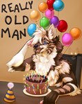 anthro balloon birthday birthday_cake cake candle dessert eyewear food fur glasses inflatable male open_mouth open_smile sitting smile solo text ariozyn-soulcatcher hyena mammal striped_hyena english_text hi_res