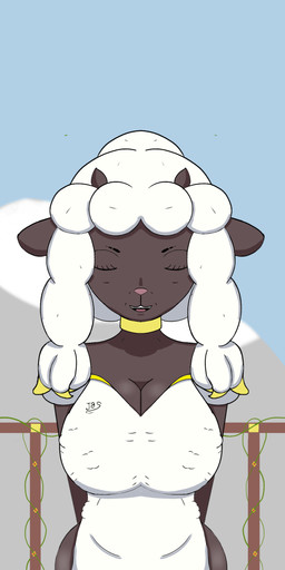 accessory anthro big_breasts black_body breasts clothed clothing detailed_background female fur hair horn looking_at_viewer mature_anthro mature_female open_mouth outside simple_background solo thick_thighs white_body white_fur wool_(fur) anuvisur_(artist) nintendo pokemon bovid caprine generation_8_pokemon mammal pokemon_(species) sheep wooloo 2019 absurd_res digital_media_(artwork) hi_res