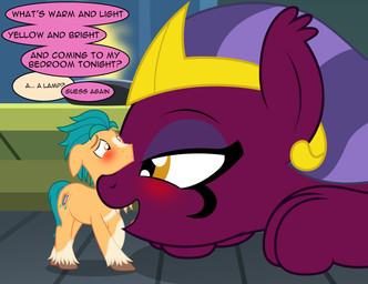 black_eyeliner blush clothing cutie_mark dialogue dominant dominant_female duo ear_tuft ears_down extreme_size_difference eyebrows eyeliner eyeshadow female feral fetlocks flirting fur fuzzy half-closed_eyes headgear headpiece headwear hooves larger_female leg_markings looking_at_another macro makeup male mane markings micro narrowed_eyes nervous nervous_smile on_model open_mouth open_smile orange_body orange_eyes orange_fur pivoted_ears purple_body purple_eyeshadow question_mark red_body red_fur riddle shadow sharp_teeth shy size_difference smaller_male smile socks_(marking) speech_bubble standing stuttering submissive submissive_male tail teeth text tuft turquoise_hair turquoise_tail badumsquish friendship_is_magic hasbro mlp_g5 my_little_pony mythology hitch_trailblazer_(mlp) sphinx_(mlp) earth_pony equid equine felid horse mammal mythological_creature mythological_sphinx pony absurd_res english_text flat_colors hi_res