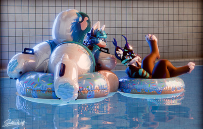 anthro belly big_belly blue_body blue_eyes donut_pool_toy duo feet foot_focus furniture inflatable looking_at_viewer male pawpads paws pleased_expression pool_toy squeaky_toy swimming_pool text suddenwolf sudden_(suddenwolf) animate_inanimate canid canine canis felid feline living_inflatable mammal mayu_(azuki) regulus_(species) wolf 3d_(artwork) absurd_res digital_media_(artwork) english_text hi_res