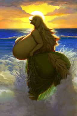 anthro big_breasts bikini blonde_hair breasts clothing cloud female female_anthro fingers fur green_clothing hair hair_over_eyes huge_breasts hyper hyper_breasts sky solo sun swimwear tail thick_thighs two-piece_swimsuit water yellow_body yellow_fur yellow_sky yellow_tail liodimor canid canine canis domestic_dog mammal 2026 hi_res