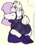 anthro big_breasts big_butt biped blue_eyes blush breasts butt clothing female fur kneeling legwear lingerie looking_back mature_anthro mature_female nipple_outline pillow slightly_chubby solo stockings thick_thighs white_body white_fur fiztheancient third-party_edit undertale undertale_(series) toriel boss_monster_(undertale) bovid caprine mammal