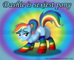 blue_body blue_feathers blue_fur blush butt clothing cutie_mark feathered_wings feathers female feral fur hair legwear multicolored_hair multicolored_tail ponytail rainbow_hair rainbow_tail solo stockings tail wings aleximusprime friendship_is_magic hasbro my_little_pony mythology rainbow_dash_(mlp) equid equine mammal mythological_creature mythological_equine pegasus hi_res