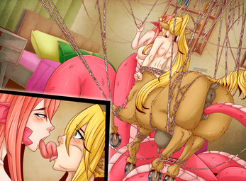 accessory animal_genitalia anus apode areola arthropod_webbing big_breasts blonde_hair bound breasts brown_body brown_fur clitoris duo equine_genitalia female female/female freckles fur genitals hair hair_accessory half-closed_eyes horseshoe huge_breasts legless monster_girl_(genre) narrowed_eyes navel nipples nude penetration pink_nipples red_hair serpentine smile split_form tail tail_fetish tail_insertion tail_play teats tongue tongue_out udders web_bondage yellow_eyes zuckergelee european_mythology greek_mythology monster_musume mythology centorea_shianus_(monster_musume) miia_(monster_musume) centaur draconcopode equid equid_taur humanoid_taur lamia mammal mammal_taur reptile scalie snake taur 2025 hi_res