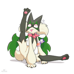 3_fingers 3_toes acting_like_a_cat ambiguous_gender anthro claws crotch_lines featureless_crotch feet finger_claws fingers flower_(anatomy) fur green_body green_fur green_tail jagged_mouth mask one_leg_up pawpads paws pink_eyes pink_nose raised_leg simple_background solo spread_legs spreading tail toes tongue tongue_out white_background razgrizdl nintendo pokemon rose_(razgrizdl) generation_9_pokemon meowscarada pokemon_(species) 1:1 2026 hi_res