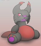 ambiguous_gender belly big_belly black_body fur multicolored_body plushie red_body simple_background solo stripes foxball kitty_pride metamorphosed_nermal_(kitty_pride) felid feline lynx mammal hi_res