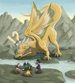 ambiguous_gender campfire clothed clothing day detailed_background excited female feral fire group horn interrobang looking_at_another male membrane_(anatomy) membranous_wings mountain outside river scales scared sitting size_difference standing wings yellow_body yellow_eyes yellow_scales lachlikelock dungeons_and_dragons hasbro mythology wizards_of_the_coast brass_dragon_(dnd) dragon dragon_(dnd) human mammal mythological_creature mythological_scalie scalie 2024 absurd_res hi_res