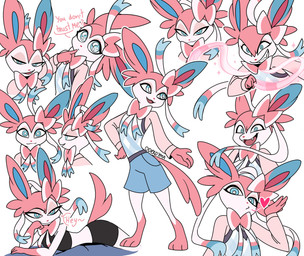 anthro blowing_kiss blue_eyes clothed clothed_anthro clothing cute_fangs ear_bow_(anatomy) fangs femboy fur heart_symbol male neck_bow_(anatomy) pink_body pink_ears pink_fur pink_tail pokemorph red_nose ribbons_(anatomy) smile solo tail teeth text odeko-yma nintendo pokemon eeveelution generation_6_pokemon pokemon_(species) sylveon absurd_res english_text hi_res