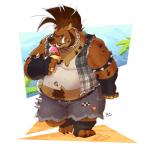 anthro belly big_belly brown_body brown_fur chain claws clothed clothing dessert eating food fur holding_food holding_object ice_cream licking male mohawk moobs obese obese_anthro obese_male outside overweight overweight_anthro overweight_male ring sand solo teeth toe_claws tongue tongue_out topwear torn_clothing vest walking riisago roax gnoll hyena mammal spotted_hyena 1:1 hi_res