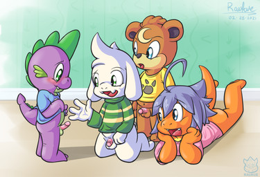 anthro aroused balls blue_eyes blue_hair bottomless chibi circumcised circumcision_scar clothed clothing erection flaccid genital_scar genitals green_eyes group hair male male/male non-mammal_balls penis presenting scar shirt shy sleepover tail topwear young young_anthro young_male young_on_young raukue friendship_is_magic hasbro my_little_pony mythology nintendo pokemon undertale undertale_(series) asriel_dreemurr raukue_(character) spike_(mlp) bear boss_monster_(undertale) bovid caprine charmander dragon generation_1_pokemon generation_2_pokemon lizard mammal mythological_creature mythological_scalie pokemon_(species) reptile scalie teddiursa