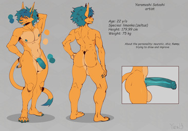 anthro balls big_balls big_penis genitals male penis solo text turquoise_hair turquoise_penis yellow_body yaramoshi_satoshi yaramoshi_satoshi_(character) felid feline mammal absurd_res english_text hi_res model_sheet