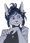 anthro blue_eyes claws ear_piercing ears_up female fur hair jewelry looking_aside necklace piercing ring sleeveless_sweater smile solo kira_larsson domestic_cat felid feline felis mammal hi_res