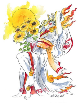 anthro blonde_hair clothed clothing female fire flower fully_clothed fur hair plant red_body red_fur sash solo summer sun sunflower white_body white_fur heather_bruton capcom clover_studio okami_(capcom) amaterasu_(okami) canid canine canis deity mammal wolf 2019