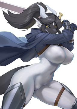2_horns 5_fingers anthro big_breasts biped black_hair breasts clothed clothed_anthro clothed_female clothing female fingers front_view hair holding_melee_weapon holding_object holding_sword holding_weapon horn long_hair looking_at_viewer melee_weapon muscular muscular_anthro muscular_female navel navel_outline nipple_outline nipples non-mammal_breasts non-mammal_navel non-mammal_nipples simple_background solo sword tail thick_thighs weapon white_background wide_hips yellow_eyes treyer mythology dragon mythological_creature mythological_scalie scalie absurd_res hi_res