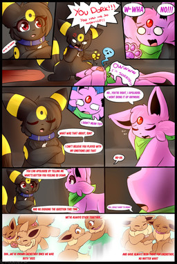 ambiguous_gender bandage blue_collar collar dialogue duo feral green_scarf pink_collar scarf speech_bubble text rockii nintendo pokemon eevee eeveelution espeon generation_1_pokemon generation_2_pokemon pokemon_(species) umbreon comic english_text hi_res female_(lore) male_(lore)