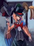 anthro beak bow_(feature) bow_tie clothed clothing feathered_wings feathers hat headgear headwear looking_at_viewer male open_mouth plushie ribbons solo top_hat winged_arms wings yellow_eyes zerolativity priley avian mammal nevrean sergal 2015