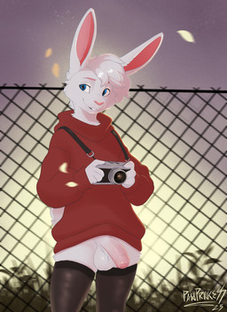 anthro balls biped black_clothing black_legwear black_stockings black_thigh_highs blue_eyes bottomless bottomless_anthro bottomless_male buckteeth camera casual_exposure chain-link_fence clothed clothed_anthro clothed_male clothing eyebrows femboy fence fingers flaccid foreskin front_view fur genitals glans hair holding_camera holding_object humanoid_genitalia humanoid_hands humanoid_penis iris legwear male male_anthro open_mouth open_smile outside partially_retracted_foreskin penis pink_eyebrows pink_foreskin pink_glans pink_inner_ear pink_nose pupils red_clothing red_sweater red_topwear short_hair smile stockings sweater tail teeth text thigh_highs topwear white_body white_fur white_hair white_sclera pawprincess usins_(pawprincess) lagomorph leporid mammal rabbit 2025 absurd_res artist_name dated english_description hi_res portrait shaded three-quarter_portrait