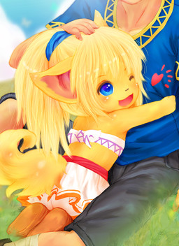 anthro bandeau blonde_hair blue_eyes bottomwear clothing female fur hair hug jewelry male male/female necklace skirt topwear yellow_body yellow_fur young young_anthro tetetor-oort checa_(tetetor-oort) human mammal