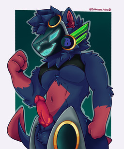 animal_genitalia animal_penis anthro athletic balls blue_body blue_fur canine_genitalia canine_penis fur genitals knot machine male muscular pecs penis red_body red_fur red_penis smile smiling_at_viewer visor darkness_arts fox_becket canid canine mammal protogen 5:6 absurd_res hi_res