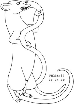 angry balls duo failed_vore feral fur genitals male male/male muzzle_in_mouth oral_vore sharp_teeth size_difference smaller_pred tail teeth vore urbanhermit mammal murid murine rat reptile rodent scalie snake 1991 dated low_res monochrome