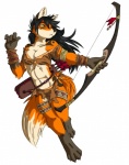 anthro archer arrow_(weapon) black_hair bow_(weapon) bra breasts cleavage clothed clothing female fur green_eyes hair holding_object holding_weapon improvised_clothing long_hair midriff navel orange_body orange_fur quiver_(object) ranged_weapon simple_background solo tribal underwear weapon rinkai canid canine fox mammal absurd_res hi_res