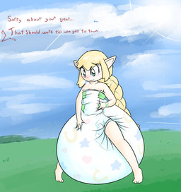 ambiguous_gender big_diaper blonde_hair blue_eyes blush braided_hair clean_diaper clothed clothing day dialogue diaper diaper_corset diapersuit female grass hair humanoid_pointy_ears long_hair not_furry pattern_diaper plant pointy_ears sky smile solo spread_legs spreading text wearing_diaper maeesthetic elf humanoid 2021 colored digital_drawing_(artwork) digital_media_(artwork) english_text hi_res