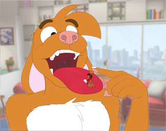 3_toes 4_fingers 5_fingers anthro big_tongue bodily_fluids cartoon_gloves claws drooling duo extreme_size_difference feet finger_claws fingers long_tongue macro male male/male mawplay micro open_mouth pawpads red_tongue saliva size_difference soles thick_tongue toes tongue toony uvula vore_implied wide_tongue doggydog doggydog_(character) roderick_(tamerkoh) canid canine canis domestic_dog lagomorph leporid mammal rabbit 2021 absurd_res hi_res