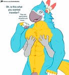 abs ambiguous_gender anthro avian beak biped blue_body blue_feathers breath_of_the_wild dabelette dialogue duo feathers flaccid genitals hi_res humanoid kass_(tloz) male male/ambiguous navel nintendo open_beak open_mouth penis rito the_legend_of_zelda yellow_body yellow_feathers