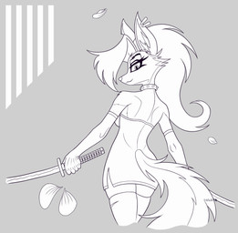 absolute_territory anthro armwear bare_shoulders cherry_blossom clothing collar dress elbow_gloves evening_gloves female flower gloves handwear katana legwear looking_at_viewer looking_back melee_weapon plant prunus_(flower) solo sword thigh_highs weapon drawx hellaverse helluva_boss mythology loona_(helluva_boss) canid canid_demon canine canis demon hellhound mammal mythological_canine mythological_creature wolf hi_res monochrome