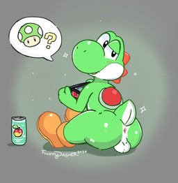 1-up_mushroom anthro anus backsack balls beverage_can butt casual_exposure clothing electronics footwear footwear_only fungus game_console gaming genitals looking_at_viewer looking_back male mostly_nude mushroom non-mammal_balls playing_video_game shoes shoes_only solo speech_bubble talking_to_viewer yoshi_fruit fluffydasher mario_bros nintendo nintendo_switch dinosaur green_yoshi prehistoric_species reptile scalie yoshi 2020 dated pictographics signature