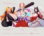 asian_clothing big_breasts black_clothing black_hair breasts cleavage clothed clothing east_asian_clothing female group hair horn huge_breasts japanese_clothing kanabō katana light_body light_skin magic melee_weapon miko_outfit obi orange_eyes orange_hair red_clothing red_horn sword weapon yellow_eyes acrylictoon asian_mythology bleach_(series) east_asian_mythology japanese_mythology league_of_legends mythology one_piece riot_games tencent ahri_(lol) rangiku_matsumoto yamato_(one_piece) animal_humanoid canid canid_humanoid canine canine_humanoid demon fox_humanoid human humanoid mammal mammal_humanoid oni yokai hi_res trans_(lore) trans_man_(lore)