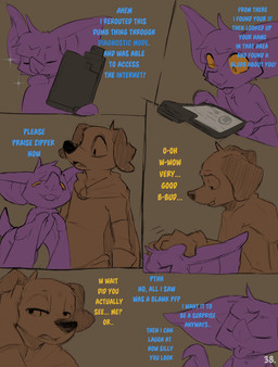 ambiguous_gender anthro big_ears cloak clothed clothing dialogue duo eyes_closed half-closed_eyes headpat narrowed_eyes praise purple_body sparkles tablet text tongue tongue_out wings yellow_eyes conditional_dnp dacad tyler_(dacad) zipper_(dacad) bat canid canine mammal comic english_text hi_res