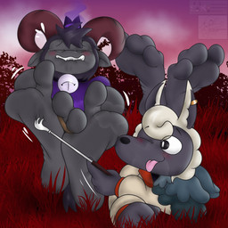2_horns 3_toes ambiguous_gender anthro barefoot bell bell_collar big_feet bite biting_lip biting_own_lip black_body black_fur black_nose blush cape clothed clothed_anthro clothed_male clothing collar crossed_ankles crown duo ear_piercing ear_ring eyes_closed feet foot_fetish foot_focus fur hair_swirl headgear holding_laugh holding_object horn lying male on_front one_eye_closed piercing pink_tongue plantigrade purple_cape purple_clothing ring_piercing self_bite sitting sitting_on_ground soles tickle_fetish tickle_torture tickling tickling_feet toe_restraints toes toes_tied tongue tongue_out white_body white_fur white_wool wool_(fur) coyocislav skonczonyidiota cult_of_the_lamb massive_monster_(studio) goat_(cult_of_the_lamb) bovid camelid caprine goat llama mammal 1:1 artist_collaboration hi_res