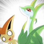 ambiguous_gender brown_eyes duo empty_eyes feral slap conditional_dnp oze nintendo pokemon generation_5_pokemon legendary_pokemon pokemon_(species) reptile scalie serperior snake victini 1:1 2016 animated low_res reaction_image short_playtime