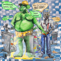 anthro baseball_cap bathroom bodily_fluids clothing duo forced genital_fluids graffiti hat headgear headwear male peeing peeing_on_ground peeing_through_clothing peeing_together public public_restroom small_bottom_large_top steam text trash_can underwear undressing urinal urine urine_on_ground greengod canid canine canis domestic_cat domestic_dog felid feline felis humanoid mammal 1:1 absurd_res english_text hi_res