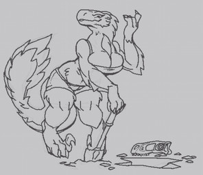 anthro arm_feathers big_breasts bone breasts claws cleavage clothed clothing feathers female fossil hole_(pit) imminent_transformation midriff muscular muscular_anthro muscular_female navel non-mammal_breasts paleontologist shovel sickle_claw skull solo tail tail_feathers toe_claws tools kavdragun dinosaur dromaeosaurid feathered_dinosaur feathered_scalie prehistoric_species reptile saurischian scalie theropod utahraptor black_and_white monochrome sketch