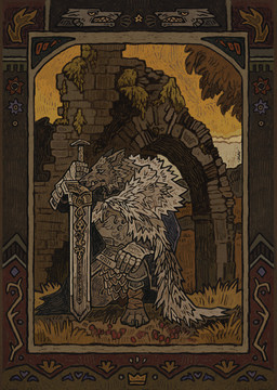 anthro armor biped claws cloak clothing cuirass digitigrade fur gauntlets gloves grey_body grey_fur handwear holding_melee_weapon holding_object holding_sword holding_weapon kneeling male male_anthro melee_weapon outside paws ruins solo sword toe_claws weapon jagal elden_ring fromsoftware blaidd_(elden_ring) canid canine canis mammal wolf 2026 digital_media_(artwork) hi_res