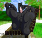 5_toes abs anthro barefoot bench biceps biped black_body black_fur brown_eyes feet flexing foot_focus fur grass hair hindpaw humanoid_feet looking_at_viewer male muscular muscular_anthro muscular_male nude on_bench orange_eyes outside park paws pecs plant plantigrade pose sitting solo toes tree eustache equid equine horse mammal