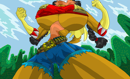 anthro belt big_breasts black_hair bottomwear breasts brown_body brown_fur bullet bullet_belt cactus clothing female fur gloves hair handwear huge_breasts jacket navel outside plant shorts solo teeth topwear virus-20 june_coyote canid canine canis coyote mammal 2007 digital_media_(artwork)