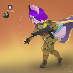 anthro cape clothed clothing eyewear female fur glasses green_clothing gun hair military_uniform pink_body pink_fur purple_eyes purple_hair ranged_weapon solo uniform weapon young jm-luxro helldivers canid canine canis dalmatian domestic_dog hybrid lewxen mammal 1:1 absurd_res hi_res