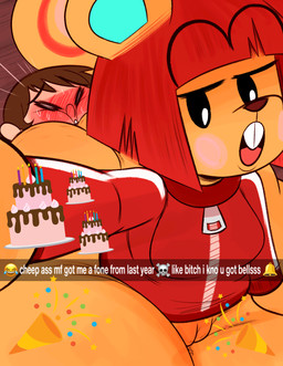 anthro big_butt big_tail bird's-eye_view black_eyebrows black_eyes blue_inner_ear blush blush_lines blush_stickers bodily_fluids bottomless bottomless_female breasts brown_hair brown_nose buckteeth butt caption cellulite clothed clothing curled_tail duo emoji eyebrow_through_hair eyebrows eyes_closed facesitting female floor fur genitals glistening glistening_eyes hair high-angle_view hoodie huge_butt huge_thighs hyper hyper_butt innie_vulva low-angle_view male male/female mostly_nude on_top on_top_of open_mouth orange_body orange_ears orange_fur partially_clothed phone_view photo profanity puffed_cheeks red_clothing red_hair red_hoodie red_tongue red_topwear rosy_cheeks selfie short_hair sitting sitting_on_another sweat sweatdrop tail teeth teeth_showing text thick_thighs tongue topwear translucent translucent_hair unibrow vulva wood wood_floor ota_(artist) animal_crossing nintendo snapchat hazel_(animal_crossing) villager_(animal_crossing) human mammal rodent sciurid tree_squirrel 2022 artist_name english_text hi_res signature